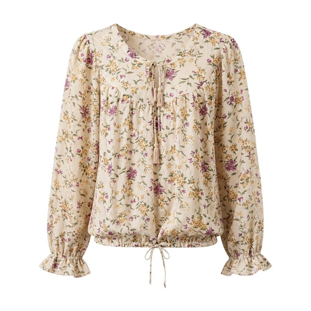 GIGIO Floral Peasant Blouse Fairycore Cottagecore Tassel Keyhole EUC